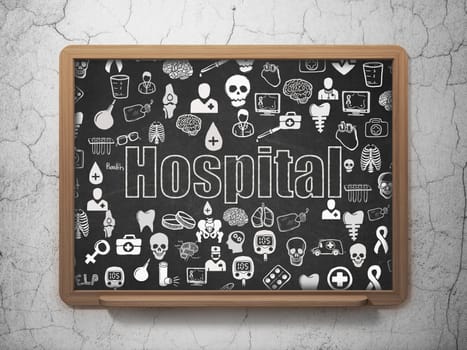 Health concept: Chalk White text Hospital on School Board background with  Hand Drawn Medicine Icons