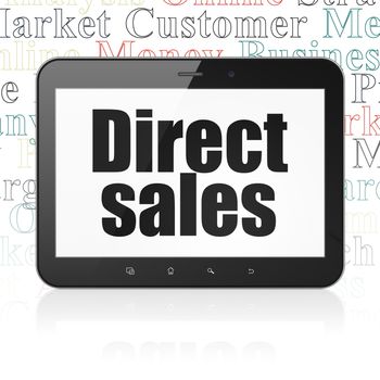 Marketing concept: Tablet Computer with  black text Direct Sales on display,  Tag Cloud background