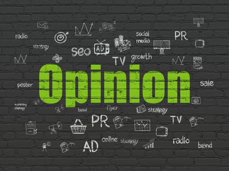 Marketing concept: Painted green text Opinion on Black Brick wall background with  Hand Drawn Marketing Icons