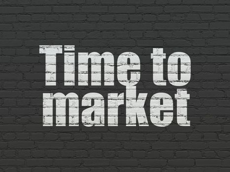 Timeline concept: Painted white text Time to Market on Black Brick wall background
