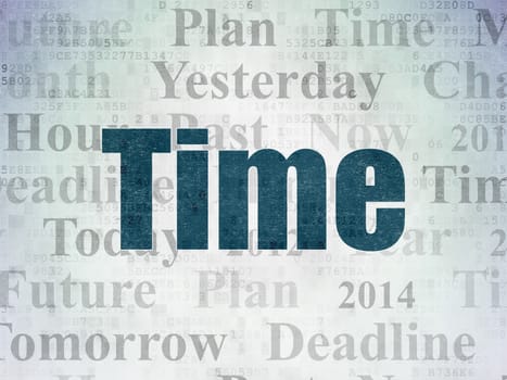 Time concept: Painted blue text Time on Digital Paper background with   Tag Cloud
