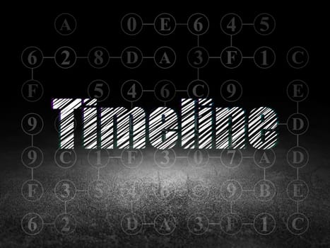 Time concept: Glowing text Timeline in grunge dark room with Dirty Floor, black background with Scheme Of Hexadecimal Code