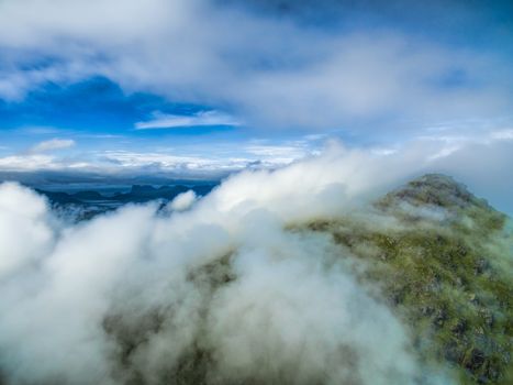 Scenic aerial view of clouds above Lofoten islands in Norway