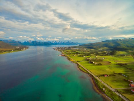 Sortland on Vesteralen islands in Norway from air