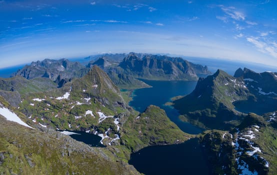Aerial panorama of scenic Lofoten islands in Norway