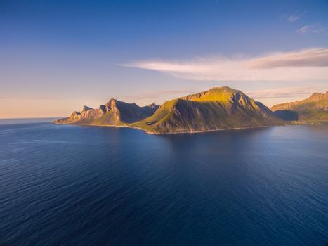 Aerial view of Lofoten islands in Norway from above the sea