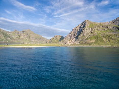 Aerial view of Lofoten islands coastline in Norway