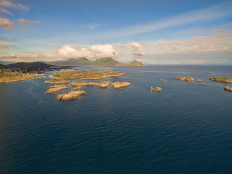 Scenic aerial view of islets near fishing village of Ballstad on Lofoten islands in Norway