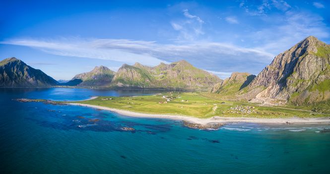 Aerial panorama of coastline on Lofoten islands in Norway near village of Flakstad