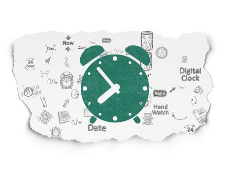 Timeline concept: Painted green Alarm Clock icon on Torn Paper background with Scheme Of Hand Drawing Time Icons