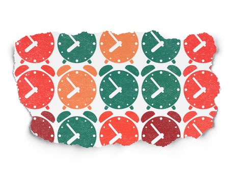Timeline concept: Painted multicolor Alarm Clock icons on Torn Paper background