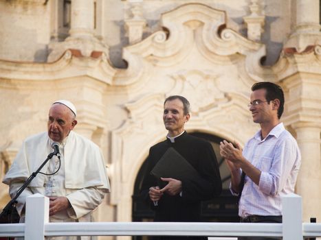 CUBA, Havana: Pope Francis met young Cubans in the Felix Varela Centre, Havana on September 20, 2015. Student spokesman Leonardo Fernandez Otano (right) also spoke to the younger generations about being a young Catholic.