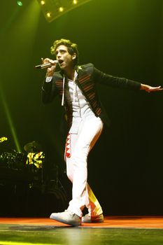 FRANCE, Paris: British pop singer Mika performs at the Zenith, in Paris, on September 19, 2015, during his 'Heaven Tour'.