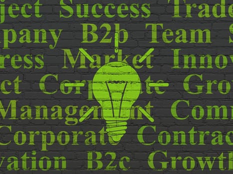 Finance concept: Painted green Light Bulb icon on Black Brick wall background with  Tag Cloud