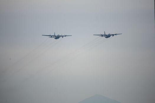 CHILE, Santiago: Military planes of the Chilean Air Force flew over Santiago in formation to celebrate the Day of the Glories of the Army, on September 19, 2015. 