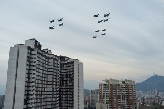 CHILE, Santiago: Military planes of the Chilean Air Force flew over Santiago in formation to celebrate the Day of the Glories of the Army, on September 19, 2015. 