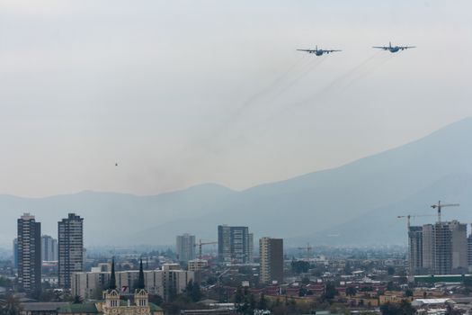 CHILE, Santiago: Military planes of the Chilean Air Force flew over Santiago in formation to celebrate the Day of the Glories of the Army, on September 19, 2015. 