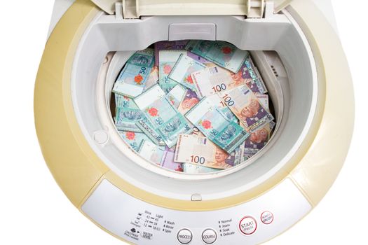Money laundering concept with Ringgit Malaysia notes in washing machine.