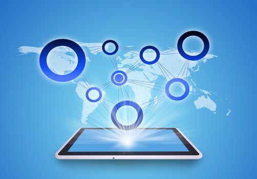 Tablet on abstract blue background with circles and world map