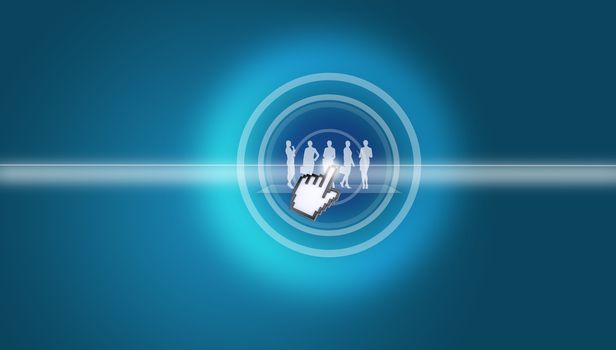 Cursor clicking on virtual people silhouettes on abstract blue background