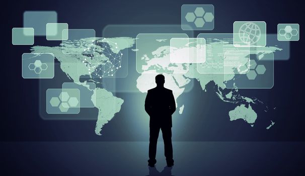Businessmans silhouette on abstract grey background with world map