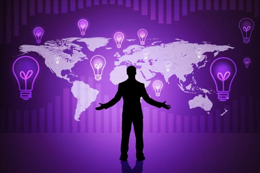Surprised businessmans silhouette on abstract purple background with world map