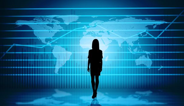 Businesswomans silhouette on abstract blue background with virtal map