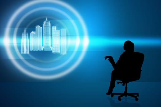 Businesswoman in chair with virtual city on abstract background