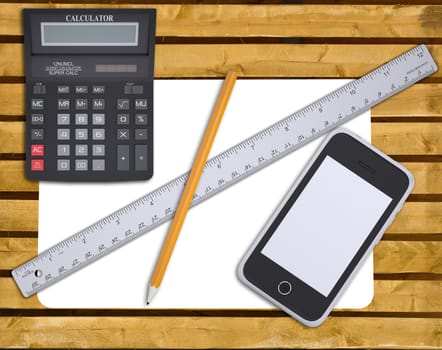 Smartphone with calculator and ruler on wooden table