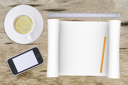 Smartphone, pencil with ruler on office table