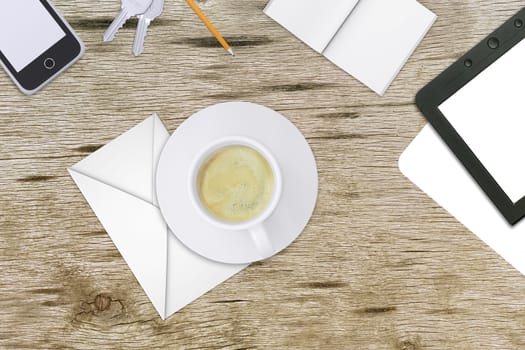 Tablet, keys with smartphone on office table