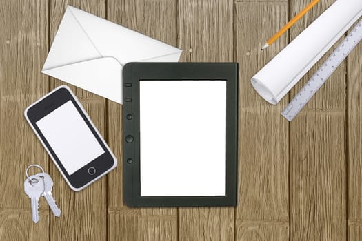 Tablet, keys with smartphone on office table