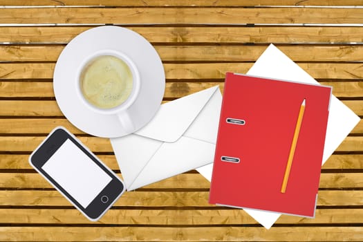Smartphone, pencil with cup of coffee on office table