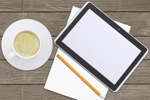 Tablet, pencil with cup of coffee on office table