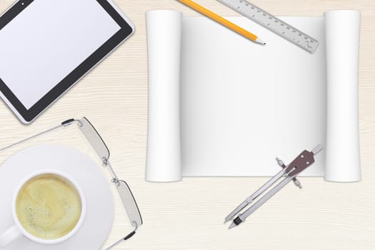 Tablet, pencil with keys on office table