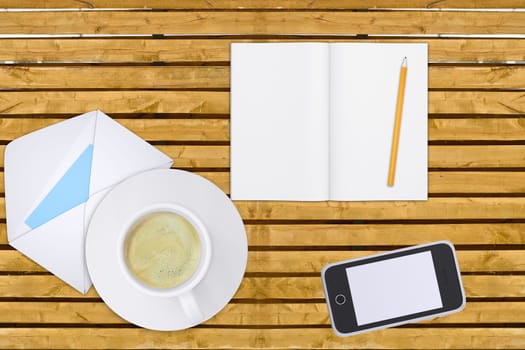 Notebook, pencil with smartphone and envelope on office table