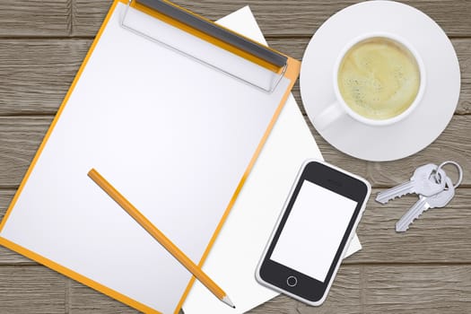 Notebook, pencil with smartphone and keys on office table