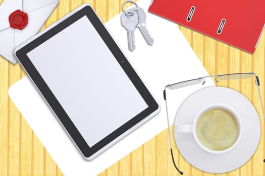Tablet, folder with keys on office table