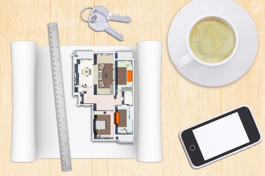 Model plan of flat with smartphone on wooden table with coffee