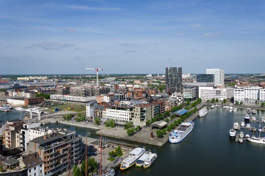 Yachts moored in the Willem Dock. view from the Museum aan de Stroom in Antwerp, Belgium.