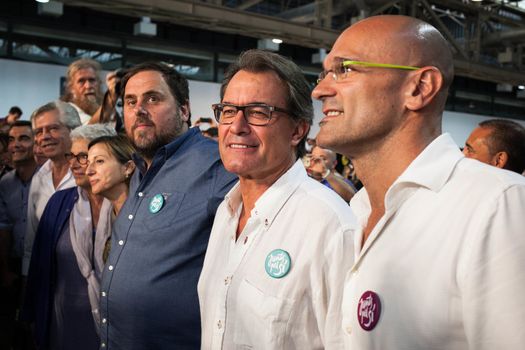 SPAIN, Barcelona: Artur Mas, president of Catalonia holds a Junts pel S� (Together for Yes) rally on September 20, 2015.Junts pel S� (Together for Yes) is a coalition of political parties in favour of Catalonia's independence.The northeastern region of Catalonia is home to 7.5 million people, who will vote on September 27, 2015 on secession from Spain. An independent Catalonia would not be part of the Eurozone. 