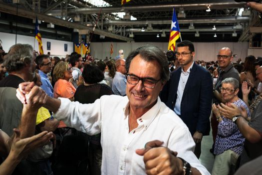 SPAIN, Barcelona: Artur Mas, president of Catalonia holds a Junts pel S� (Together for Yes) rally on September 20, 2015.Junts pel S� (Together for Yes) is a coalition of political parties in favour of Catalonia's independence.The northeastern region of Catalonia is home to 7.5 million people, who will vote on September 27, 2015 on secession from Spain. An independent Catalonia would not be part of the Eurozone. 
