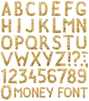 Coins money handmade alphabet  font isolated on white background