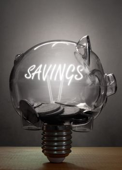 Piggybank light bulb with savings lit text inside and coins
