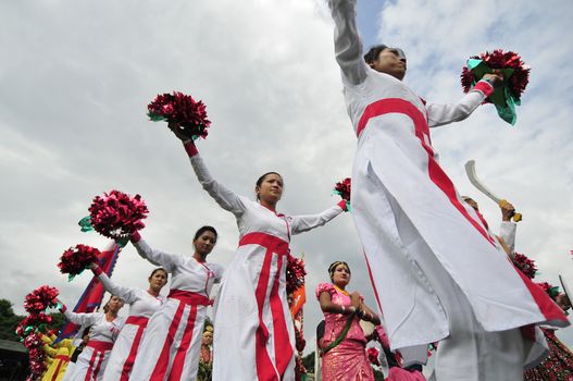 NEPAL, Kathmandu: Dancers perform at celebrations in Kathmandu, Nepal on September 21, 2015, one day after the government unveiled the country's first democratic constitution in a historic step. Out of the 598 members of the Constituent Assembly, 507 voted for the new constitution, 25 voted against, and 66 abstained in a vote on September 16, 2015. The event was marked with fireworks and festivities, but also with protests organized by parties of the Tharu and Madhesi ethnic communities.Photos taken by Newzulu contributor Narayan Maharjan show the Nepalese people donning traditional garb and celebrating with folk music and dancing.