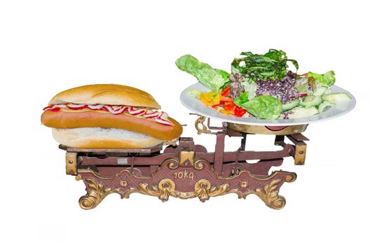 Symbolically. Old Weigh House in a weighing pan, a hot dog on the other a salad plate. Symbolizes healthy diet.
