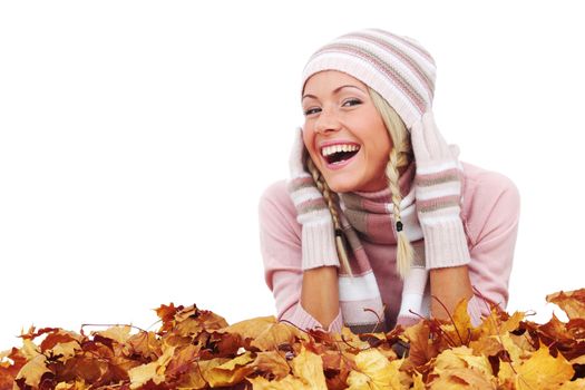Beautiful woman with autumn leaves isolated on whiite background
