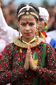 NEPAL, Kathmandu: A woman wearing traditional clothing attends celebrations in Kathmandu, Nepal on September 21, 2015, one day after the government unveiled the country's first democratic constitution in a historic step. Out of the 598 members of the Constituent Assembly, 507 voted for the new constitution, 25 voted against, and 66 abstained in a vote on September 16, 2015. The event was marked with fireworks and festivities, but also with protests organized by parties of the Tharu and Madhesi ethnic communities.Photos taken by Newzulu contributor Dinesh Shrestha show the Nepalese people donning traditional garb and celebrating with folk music and dancing.