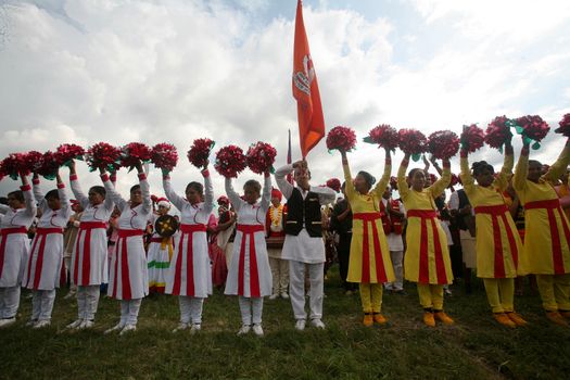 NEPAL, Kathmandu: Performers attend celebrations in Kathmandu, Nepal on September 21, 2015, one day after the government unveiled the country's first democratic constitution in a historic step. Out of the 598 members of the Constituent Assembly, 507 voted for the new constitution, 25 voted against, and 66 abstained in a vote on September 16, 2015. The event was marked with fireworks and festivities, but also with protests organized by parties of the Tharu and Madhesi ethnic communities.Photos taken by Newzulu contributor Dinesh Shrestha show the Nepalese people donning traditional garb and celebrating with folk music and dancing.