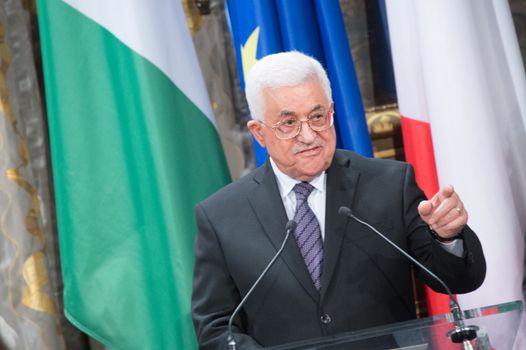 FRANCE, Paris : Palestinian Authority president Mahmoud Abbas delivers a speech during a ceremony marking the International Day of Peace on September 21, 2015 at Paris' city hall.